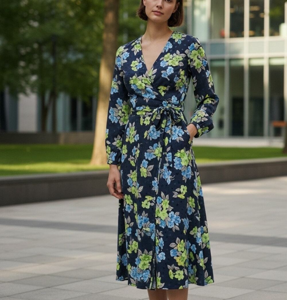 Essentiel Antwerp Blue Silk Wrap Dress SIZE 4 Floral Career Work Designer $550